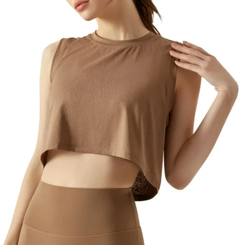 wholesale sleeveless crop top in brown with round neck and asymmetric hem