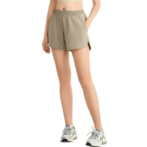wholesale athletic shorts in khaki with elastic waistband and side pockets