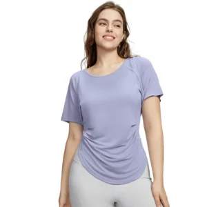 wholesale short sleeve T-shirt in light purple with round neck and side pleat detail
