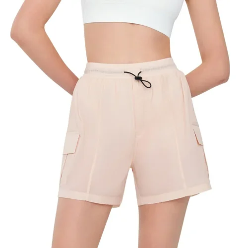 wholesale activewear shorts in light beige with drawstring waist and side pockets