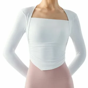 wholesale long sleeve crop top in white with square neck and front pleat detail