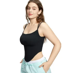 wholesale sleek bodysuit in black sleeveless with deep V-neck and waist cut-out detail