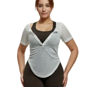 wholesale white short sleeve top with V-neck front opening revealing black innerwear
