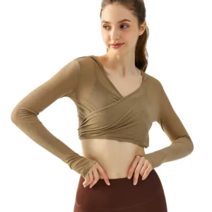 wholesale long sleeve top in brown with asymmetric V-neck and wrap front