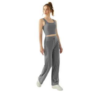 wholesale activewear set in grey sleeveless crop top with drawstring wide-leg pants