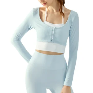 wholesale long sleeve crop top in light blue with white trim