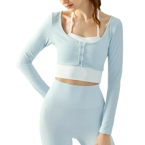 wholesale long sleeve crop top in light blue with white trim