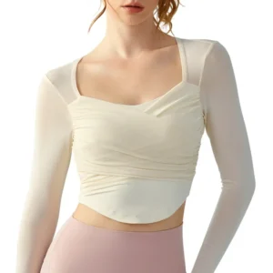 Crisscross Mesh Long Sleeve: Lightly Lined Crop Top with Moisture-Wicking Comfort for Fall