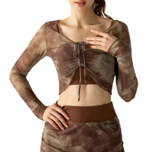 wholesale activewear set in brown tie-dye with V-neck long sleeve crop top and high-waist pants