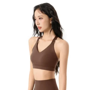 wholesale sports bra in brown with sleeveless V-neck