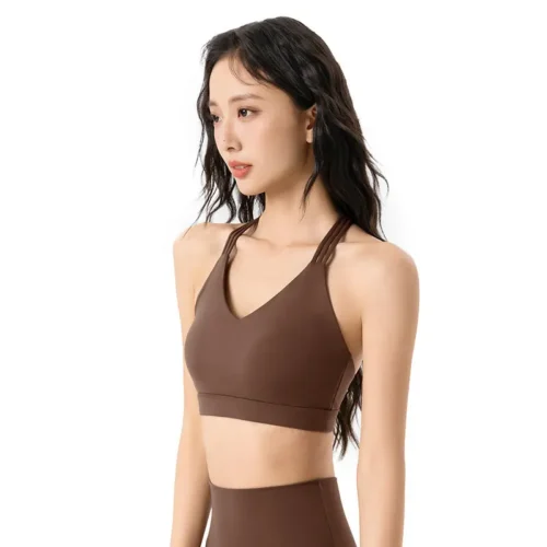 wholesale sports bra in brown with sleeveless V-neck