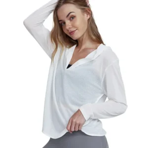 wholesale long sleeve top in white with V-neck and attached hood