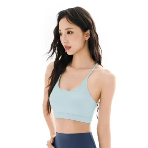 wholesale sports bra in light blue with thin cross-back straps