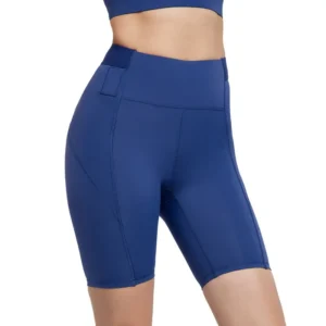 wholesale sports shorts in navy blue high-waist with contrast side stripes