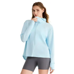 wholesale zip-up long sleeve top in light blue with high neck