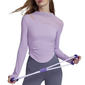 wholesale activewear set in light purple long sleeve top with high neck, shoulder cut-outs, and waist pleats, paired with grey leggings