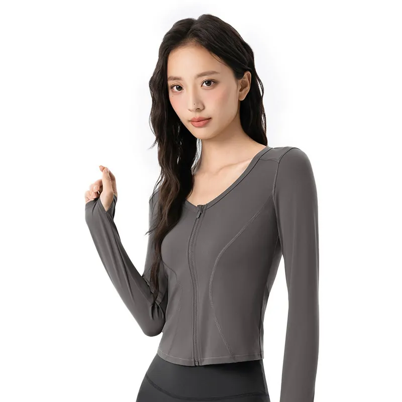 wholesale long sleeve top in dark grey V-neck