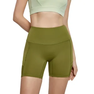 wholesale high-waist fitness shorts in olive green with side pockets