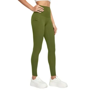wholesale olive green high-waist fitness leggings with side pocket