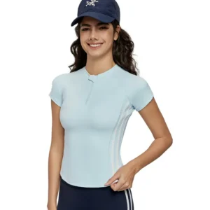 wholesale light blue short sleeve top with stand collar