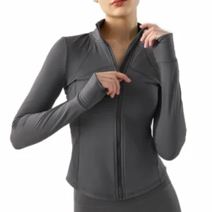 wholesale zip-up sports jacket in charcoal grey with stand collar and cuffed sleeves