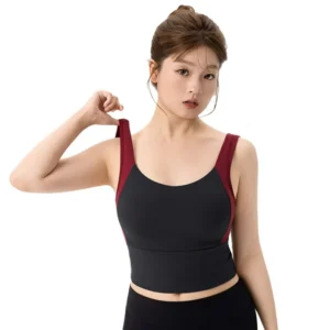 wholesale sports bra in black with burgundy side panels and straps