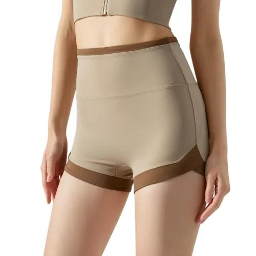 wholesale high-waist shorts in beige with dark brown trim