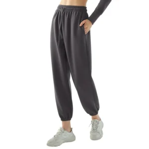 wholesale dark grey fitness pants with loose fit, elastic cuffs, and side pockets