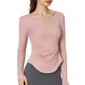 wholesale long sleeve top in pink V-neck