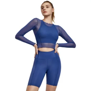 wholesale sports top in light blue with sheer mesh sleeves and waist cut-out detail