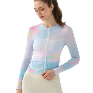 wholesale zip-up long sleeve top in light blue with pastel pink, yellow, and green ombre effect