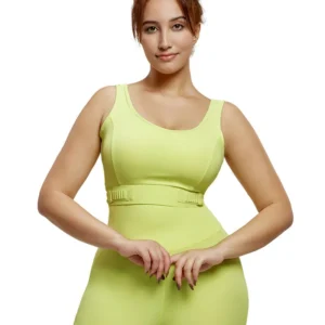 wholesale neon green sleeveless top with U-neck and waist accent, model upper body close-up on white background