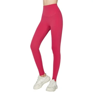wholesale fitness leggings in magenta high-waist, lower body shot showcasing fit and silhouette with light sneakers