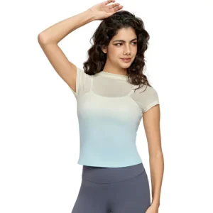 wholesale fashion athletic top in light colorblock with sheer mesh panels on shoulders and chest