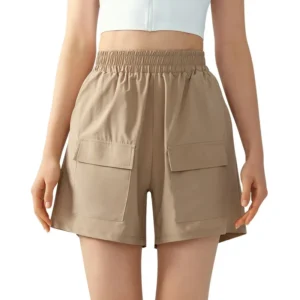wholesale high-waisted cargo shorts in light khaki with elastic waistband and side pockets