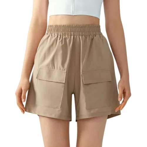 wholesale high-waisted cargo shorts in light khaki with elastic waistband and side pockets
