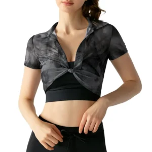 Sheer Mesh Print Tee: Sculpting Fit with a Fashion Cut-Out Back for Yoga & Streetwear