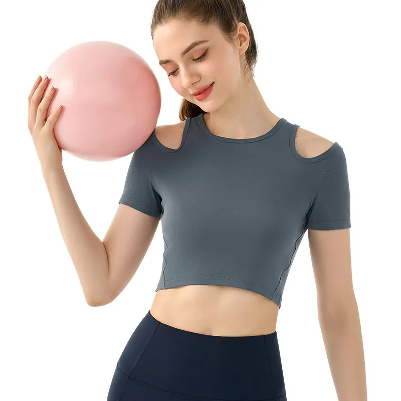 wholesale cropped fitness top in dark grey with shoulder cut-out detail