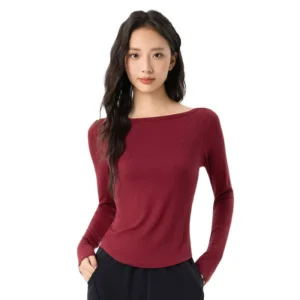 wholesale burgundy long sleeve boat neck top