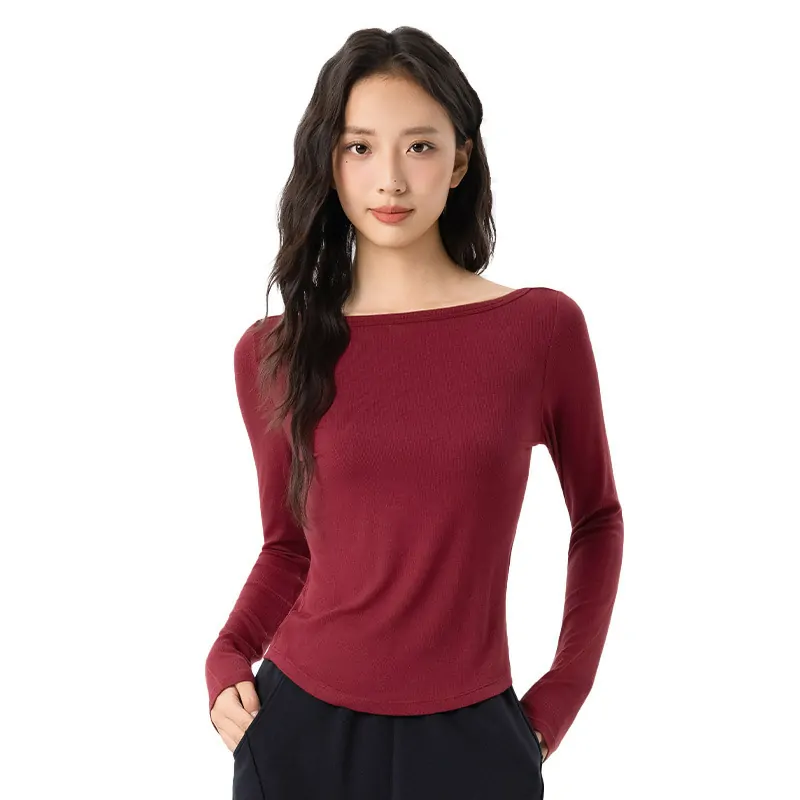 wholesale burgundy long sleeve boat neck top