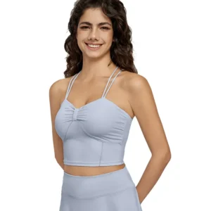 a light grey cropped cami with thin straps and a ruched bust detail