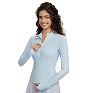 a light blue long-sleeve zip-up polo shirt