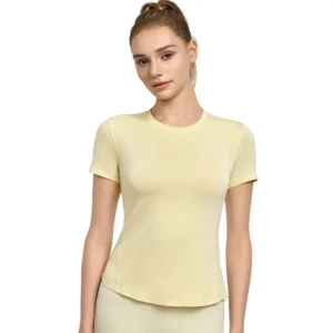 a fitted pale yellow short-sleeve crewneck T‑shirt