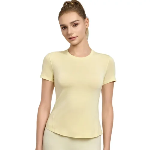 a fitted pale yellow short-sleeve crewneck T‑shirt