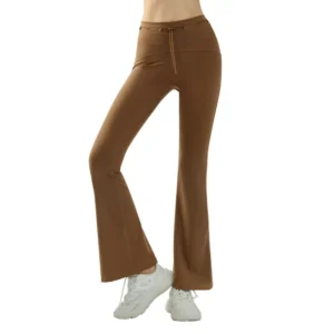 soft brown high-waisted flare-leg trousers with an elastic waistband and a drawstring