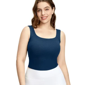 a dark blue sleeveless square-neck top. The top appears soft and slightly cropped.