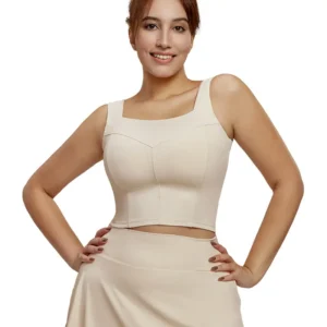 cream-colored sleeveless sculpting top with a square neckline