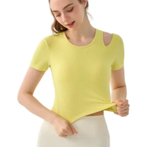 wholesale yellow short sleeve top with shoulder cut-out detail