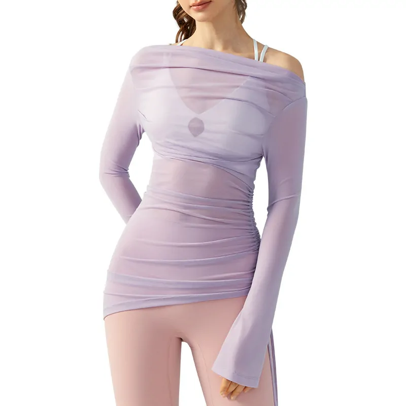 wholesale light purple sheer long sleeve dress with irregular draping and asymmetric off-shoulder