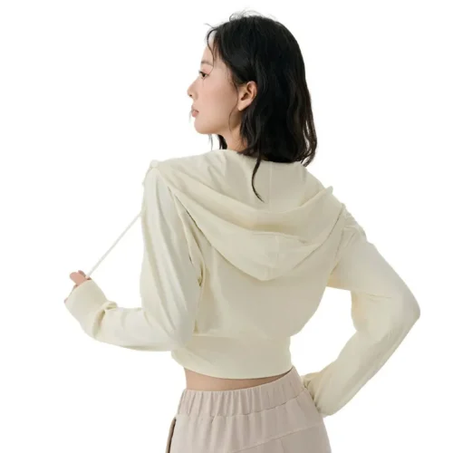 wholesale cropped hoodie in light beige with zipper front and drawstrings